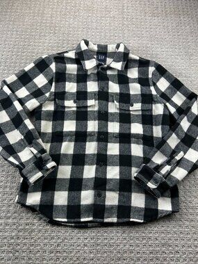 GAP Flannel Fleece Jacket Men Medium M Black White Checkered Casual Thick Polo